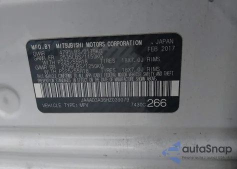 2017 Mitsubishi Outlander Se z USA, uszkodzony, nr VIN JA4AD3A36HZ039079